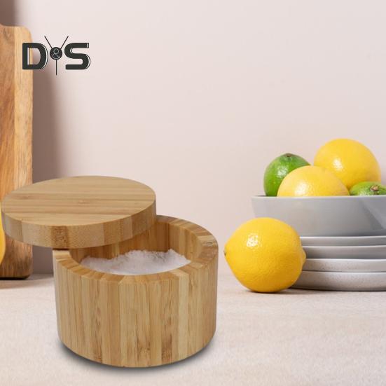 Bamboo Salt Cellar Seasoning Jar with Built-in Spoons Salt Container for Kitchen Swivel Lid Spice Box for Countertop