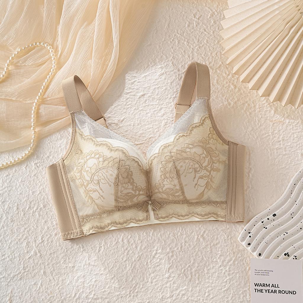 Non-magnetic steel rim bra, light and thin, large breasts, small lace bra, four-breasted breast adjustment type, large size.