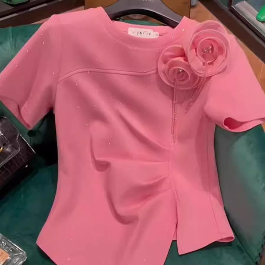 

Большой размер 2-300 цзинь Цветочная футболка с коротким рукавом - Женский летний новый трендовый топ с плиссированной талией 2XL розовый