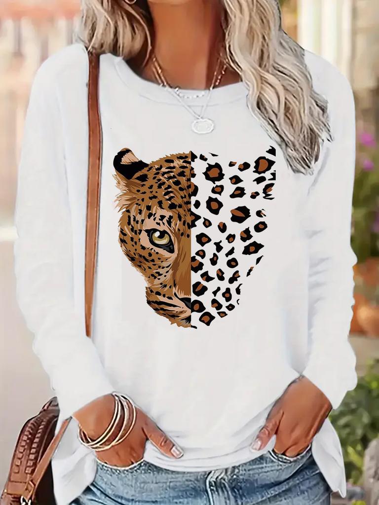 Top a Maniche Lunghe Animale Tigre Leopardo Y2k Maglietta Casual a Maniche Lunghe da Donna Girocollo Top Tee Tshirt