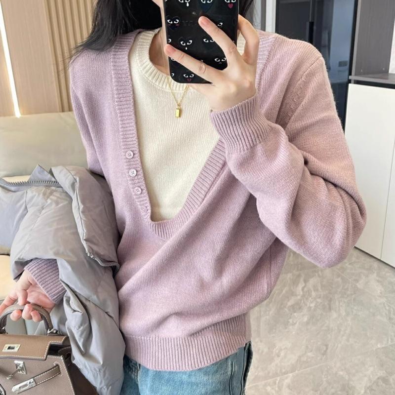 2025 A/W Wool Knitwear: Chic Women's Faux Two-Piece Sweater