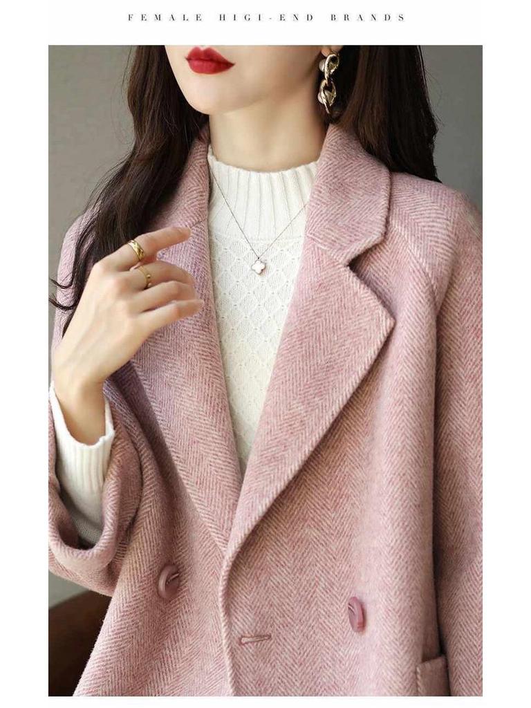 2025 Women's Petite Wool-Blend Herringbone Coat - Mid-Length, Loose, Slimming, Stylish for Spring & Autumn Fashion Trends