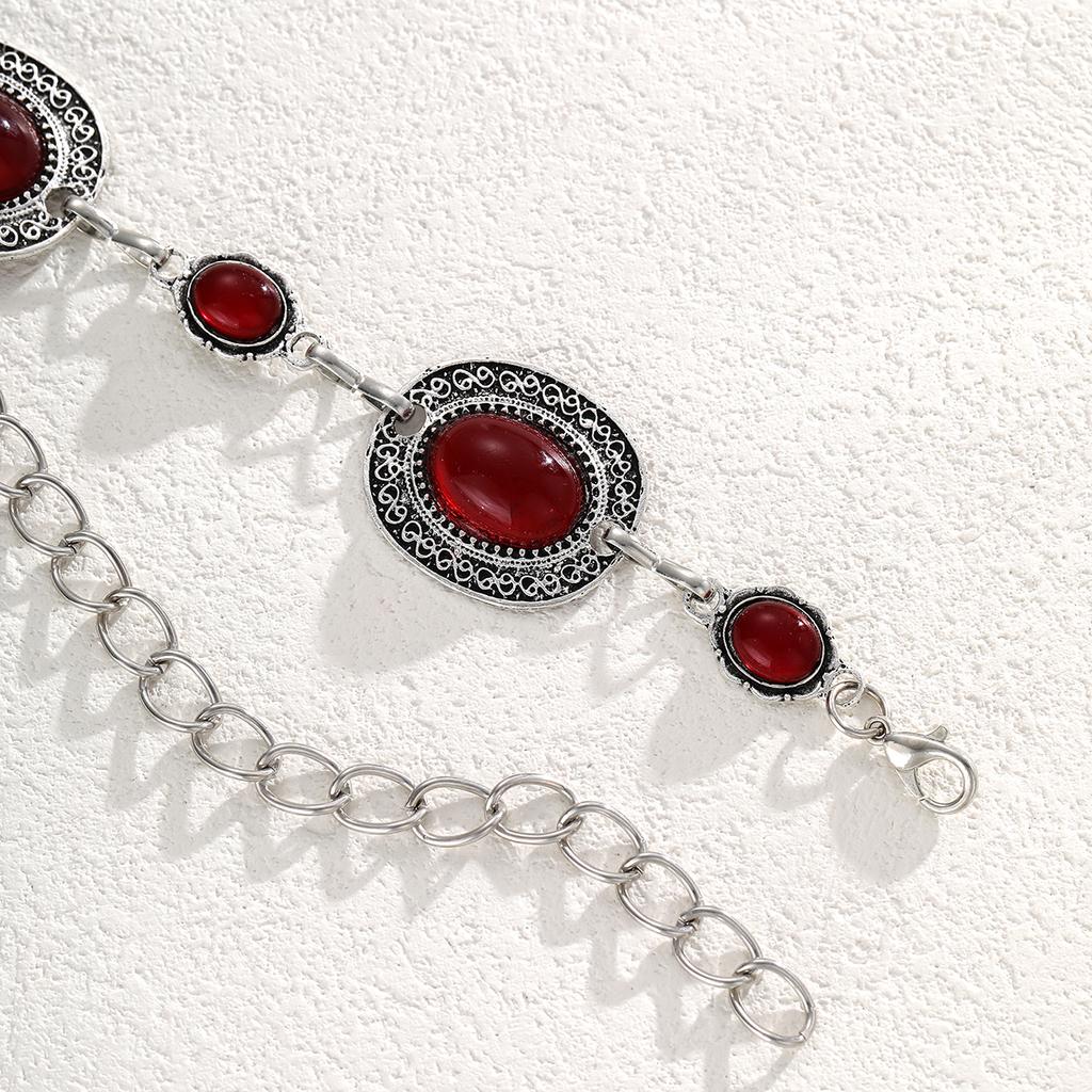 Fashion Oval Wine Red Crystal Metal Waist Chain for Women Retro Exquisite Silver Color Belt Chain French Style Body Jewelry Gift