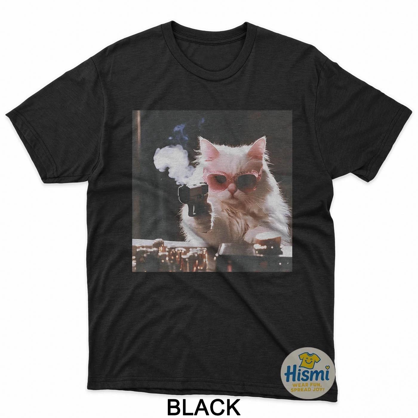 Retro Cool Cat With Gun Pink Sunglasses Cat Meme T-Shirt S