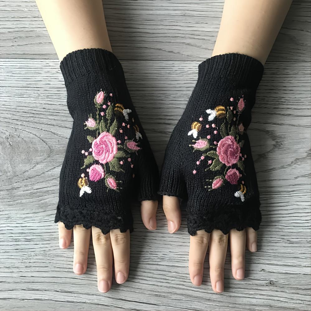 Handmade Flower Embroidered Gloves Women Fingerless Knit Gloves Autumn Winter Cold Proof Writing Gloves INS Embroidered with Bee