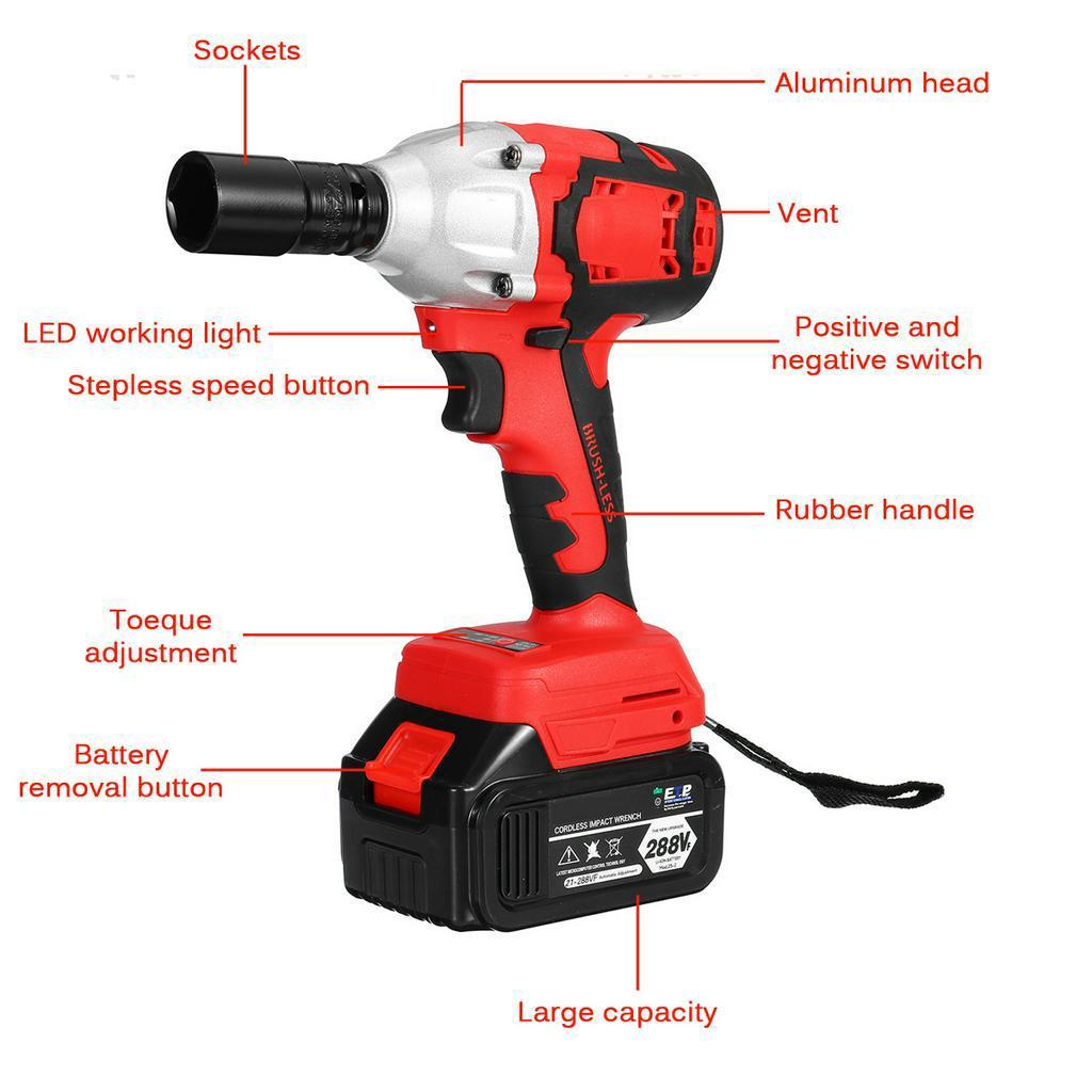 800N.M 288VF Max Brushless Impact Wrench 15000mAh Li-ion Battery Brushless Motor Electric Wrench Power Tool With Charger Sleeve+Charger