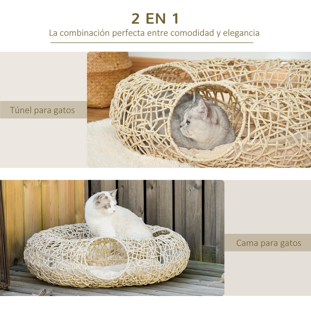 Rattan Cat Bed 78x69x22 Cm Plump Cat Basket with Soft Cushion 3 Access Holes Cat Tunnel Natural Wood