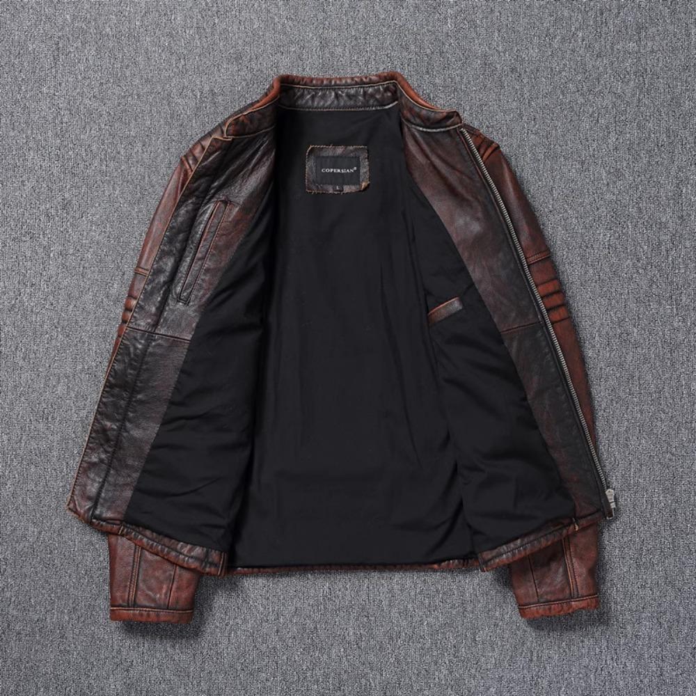Chinese Size Vitnage Red Brown Men Leather Jacket Cowhide Leather Motorcycle Style Genuine Cow Jackets for Men Autumn