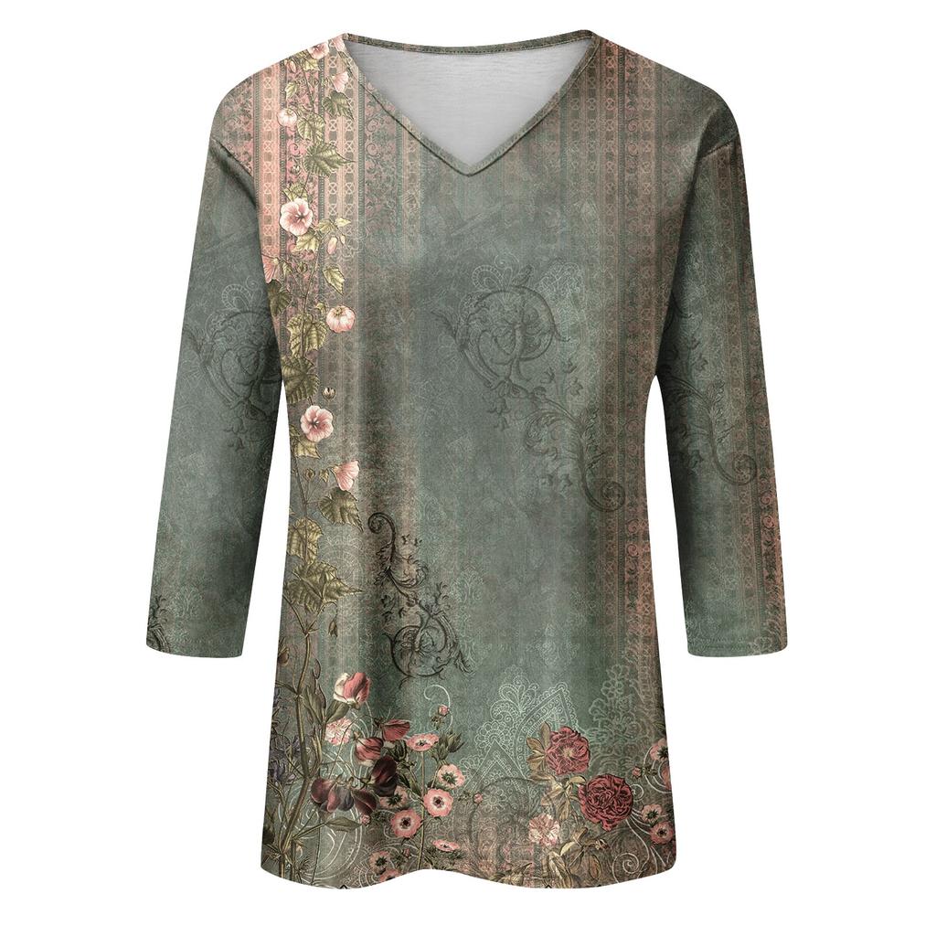 Damen T-Shirt mit V-Ausschnitt und Dreiviertelärmeln, lässig, Retro-Print