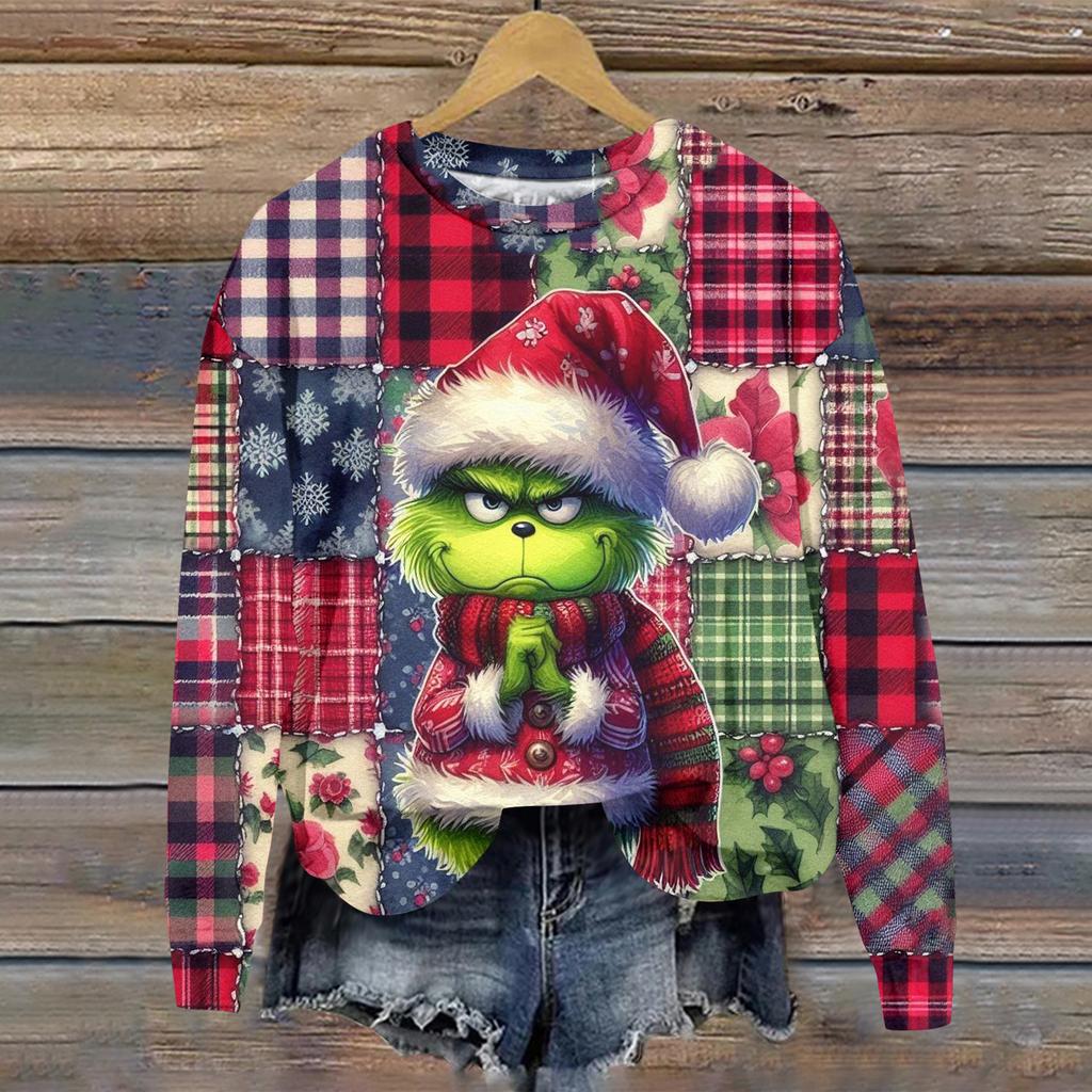 Hanorac sport casual de damă cu mânecă lungă și gât rotund, cu imprimeu Greentown de Crăciun