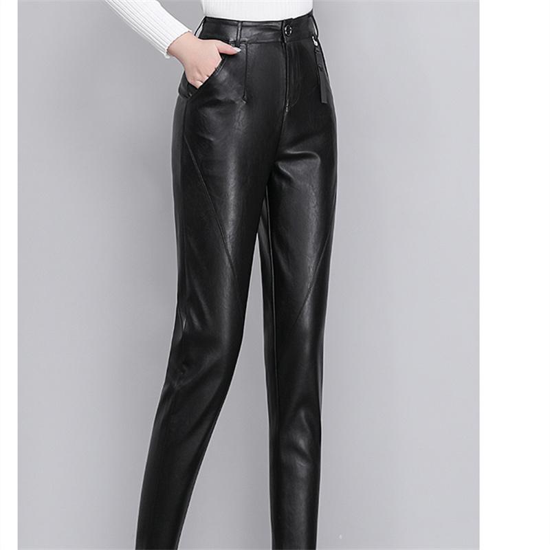 Høst Vinter Kvinner Skinny Leggings med høy midje Blyantbukser Faux Leather Bukser PU Leggings Single-Breasted Plus Velvet Matt