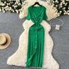 Elegant Small Fragrant Style Retro V-neck Metal Single-breasted Buckle Slim and Thin Temperament Hip-wrapped Knitted Dress Spring