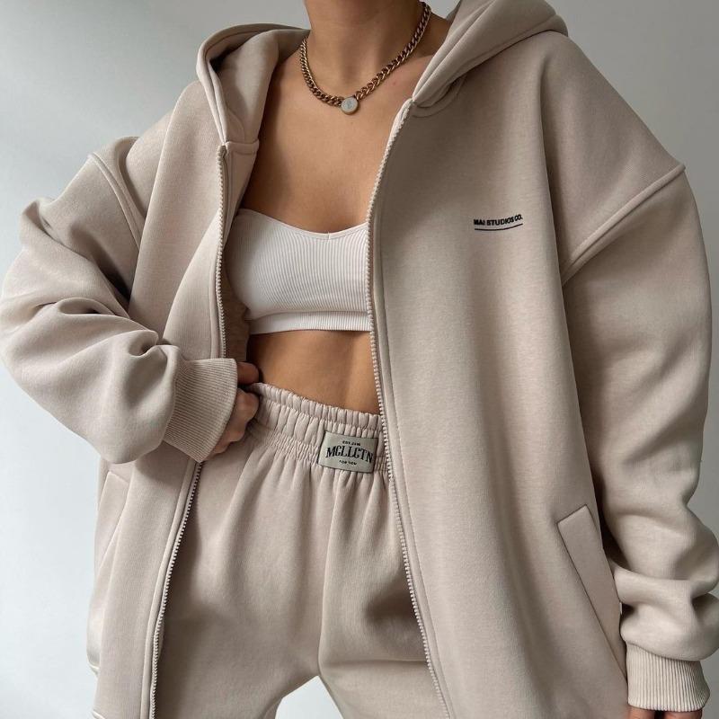 Damen Langarm Fleece Bedrucktes Kapuzensweatshirt und Lässige Hose Zweiteiliges Set
