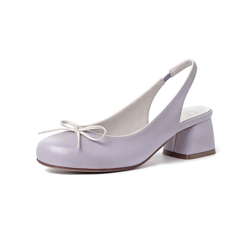 Bowknot Inner and Outer Full Leather Summer  Thick Medium Heel Round Toe Cowhide Baotou Sandals