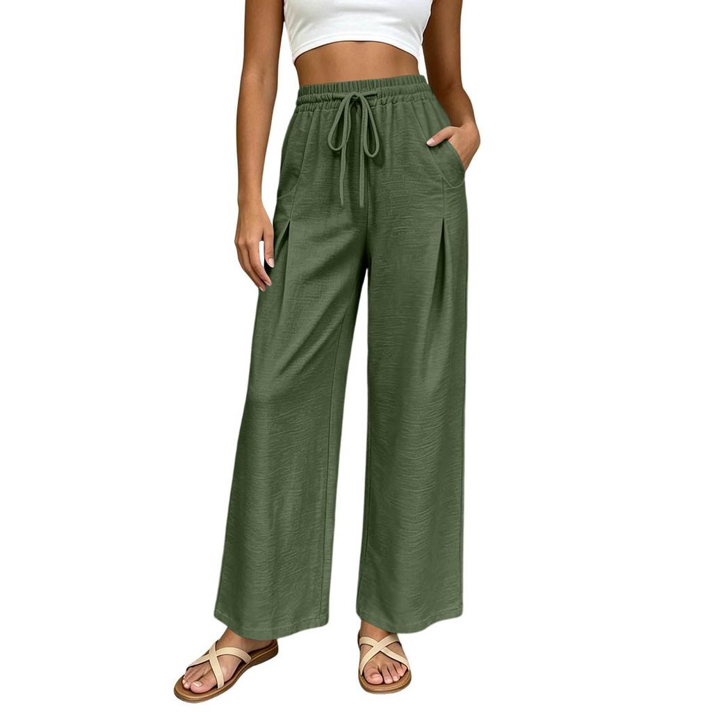 Women High Waist Wide Leg Pants Summer Casual Loose Fit Trousers with Pockets Elastic Waist Drawstring Outdoor Lightweight