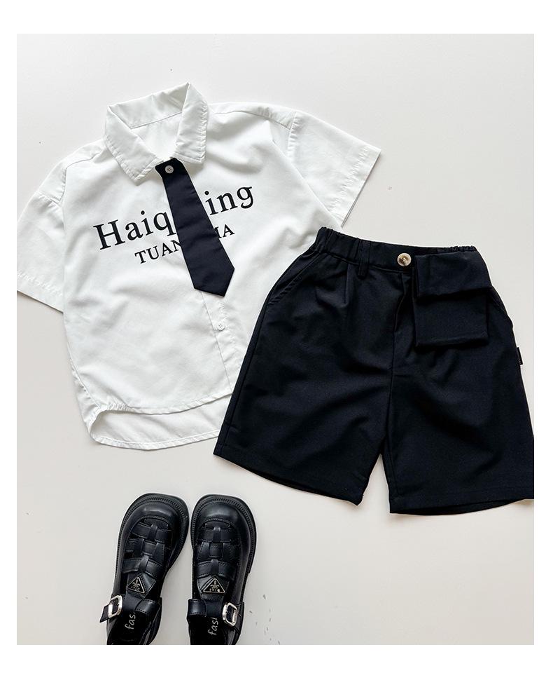 Boys' 2026 Korean Style Summer Lapel Shirt Set - Trendy Solid Color