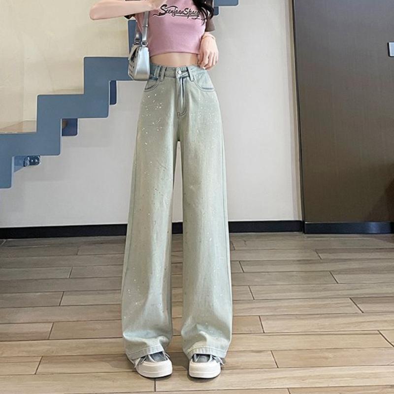 

Джинсы Тяжелой Промышленности Женские Брюки Нового Стиля Весна Дизайн с Высокой Посадкой Новый Стиль Свободные и Стройнящие Прямые и Широкие Штанины XXL