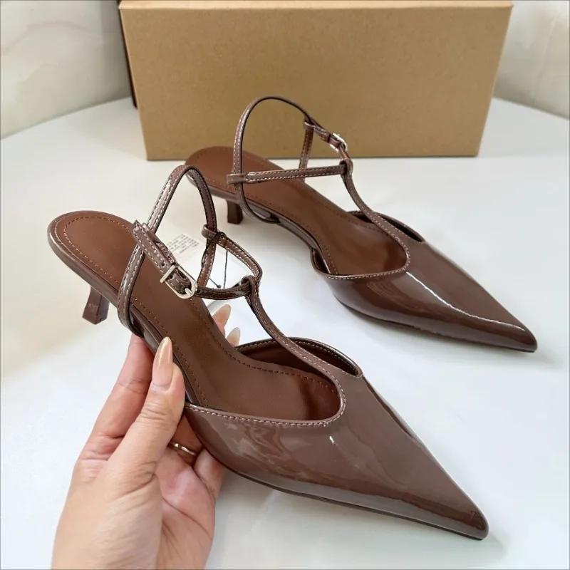 Fashion High Quality Low Heel Ankle Strap Summer Women Modern Sandals Sexy T-Strap Pointed Toe Soft Leather Elegant Office Lady Shoes