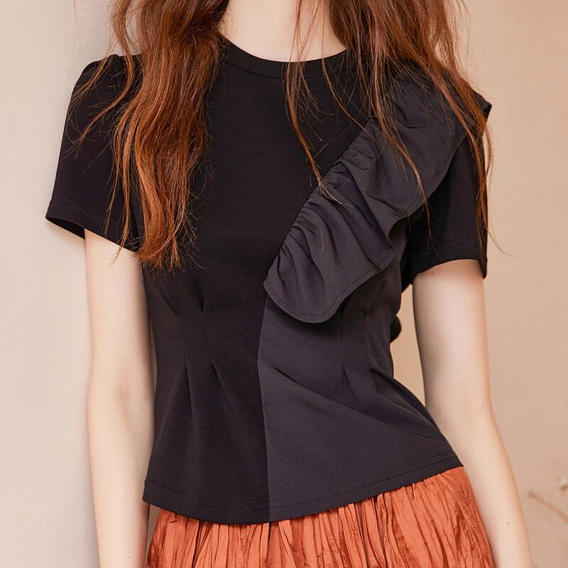 Bailuyu Stylish Ruffle Trim Slim Fit Short Sleeve T-Shirt