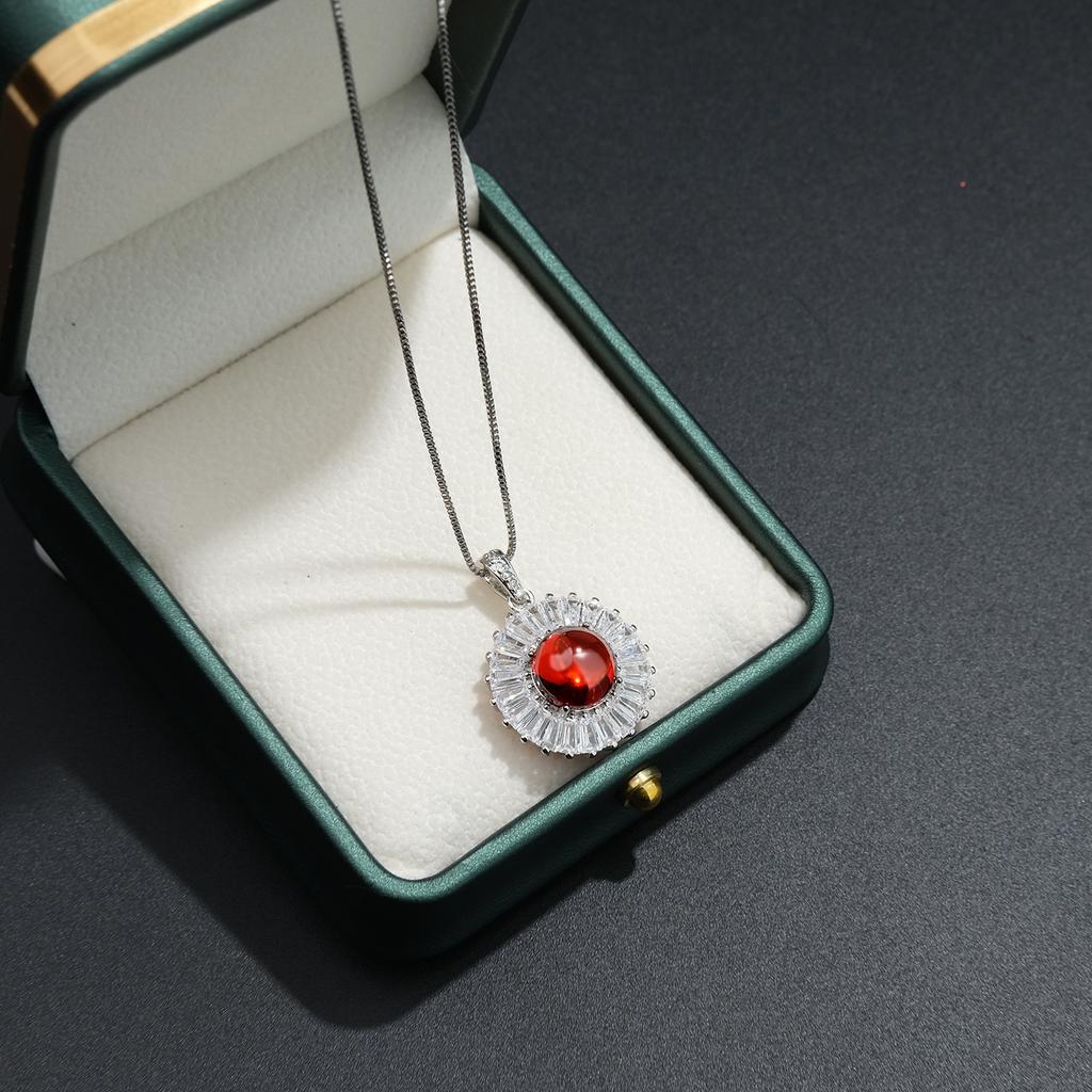 925 Sterling Silver Luxury Design Round Red Zircon Necklace Wedding Anniversary Party Gift