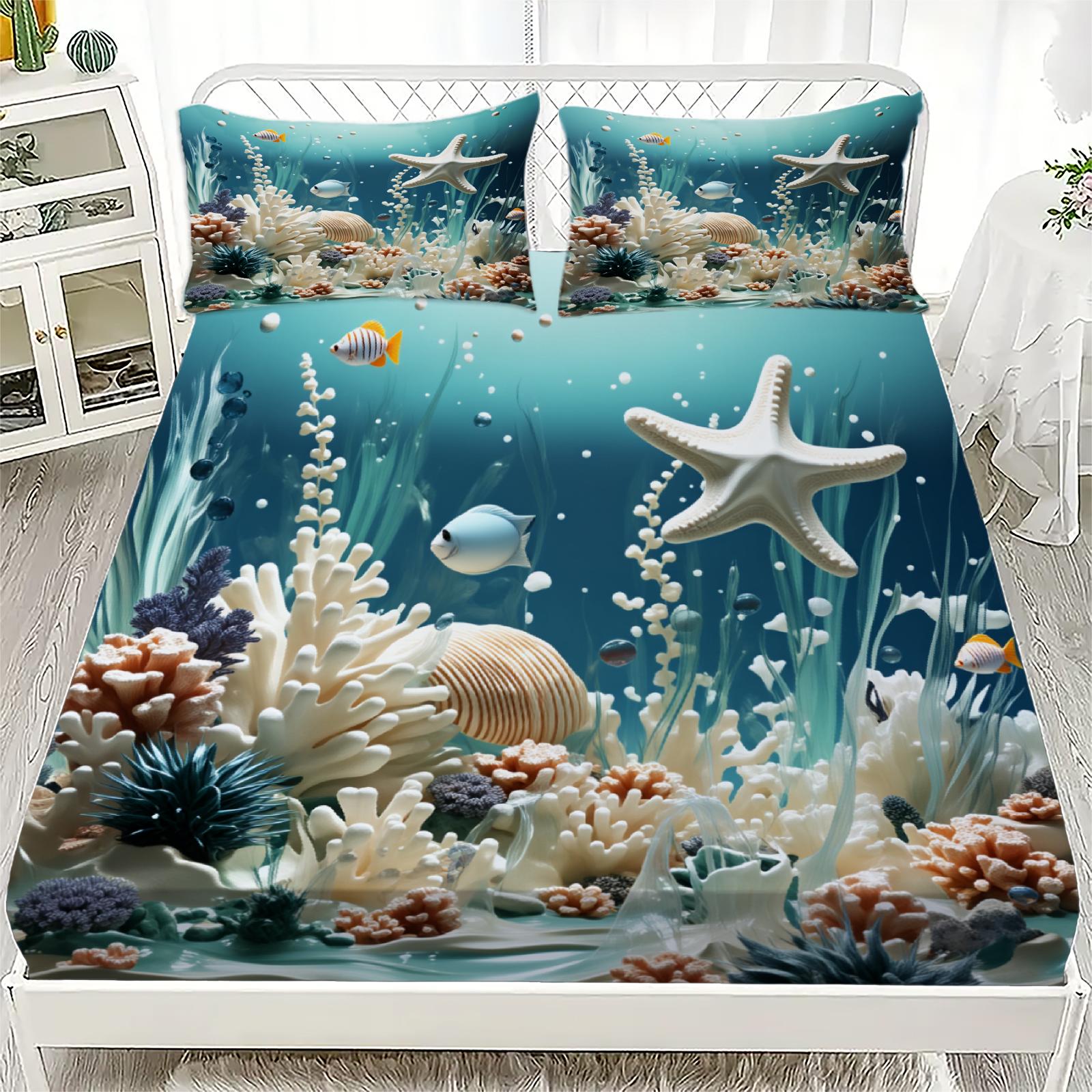

3pcs Fitted Sheet Sets 3D Printed Coral Reef Seaworld Soft Washable 100% Polyester Flat Sheet With 2 PillowcasesHome Decoration 99x190x25cm