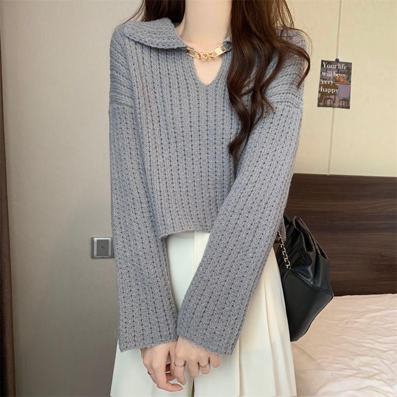 Strickpullover mit Puppenkragen im koreanischen Stil für zierliche Frauen - Langärmlig, lockere Passform, für Frühling und Herbst