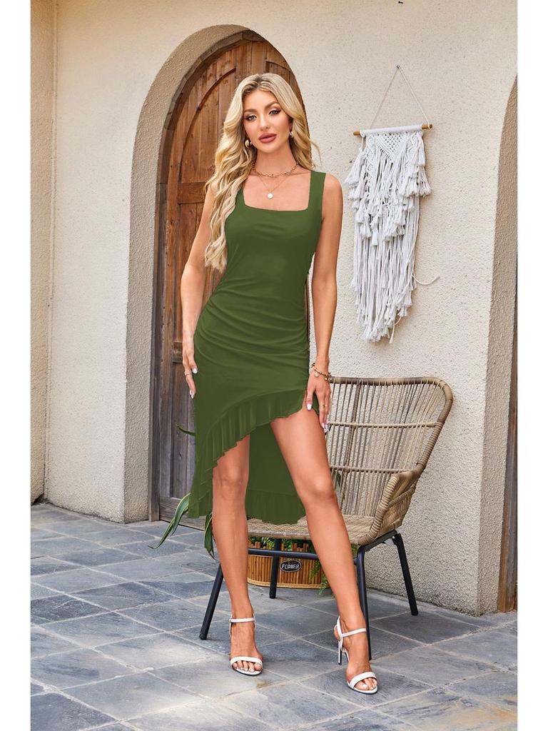 Square Neck Sleeveless Ruched Mesh Midi Dress for Women