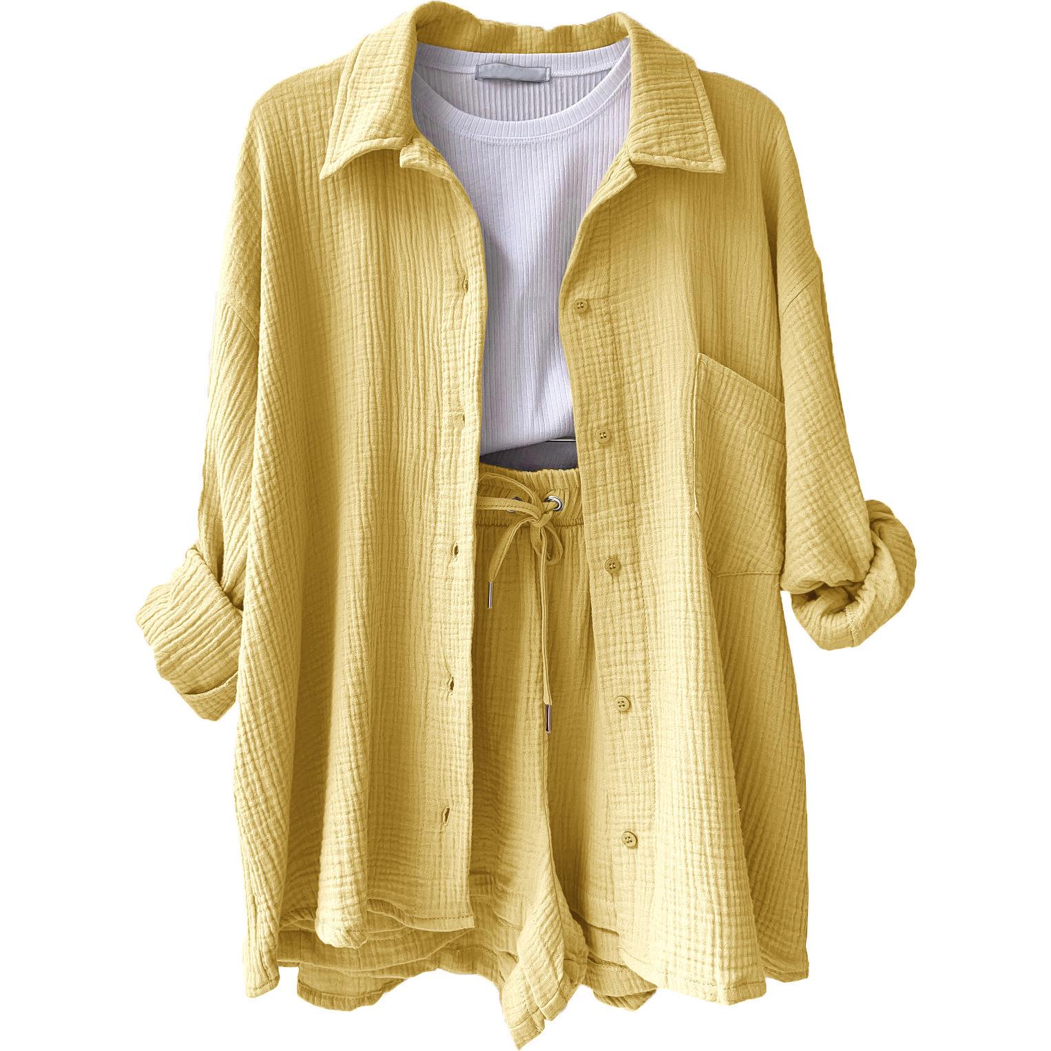 

2026 Spring Women s Wrinkled Fabric Lapel Shirt & Drawstring Shorts Two-Piece Set Small жёлтый