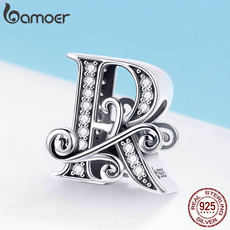 

BAMOER из натурального стерлингового серебра 925 пробы, буква R, бусины с алфавитом, подвески, подходят для браслетов и браслетов, сделай сам R