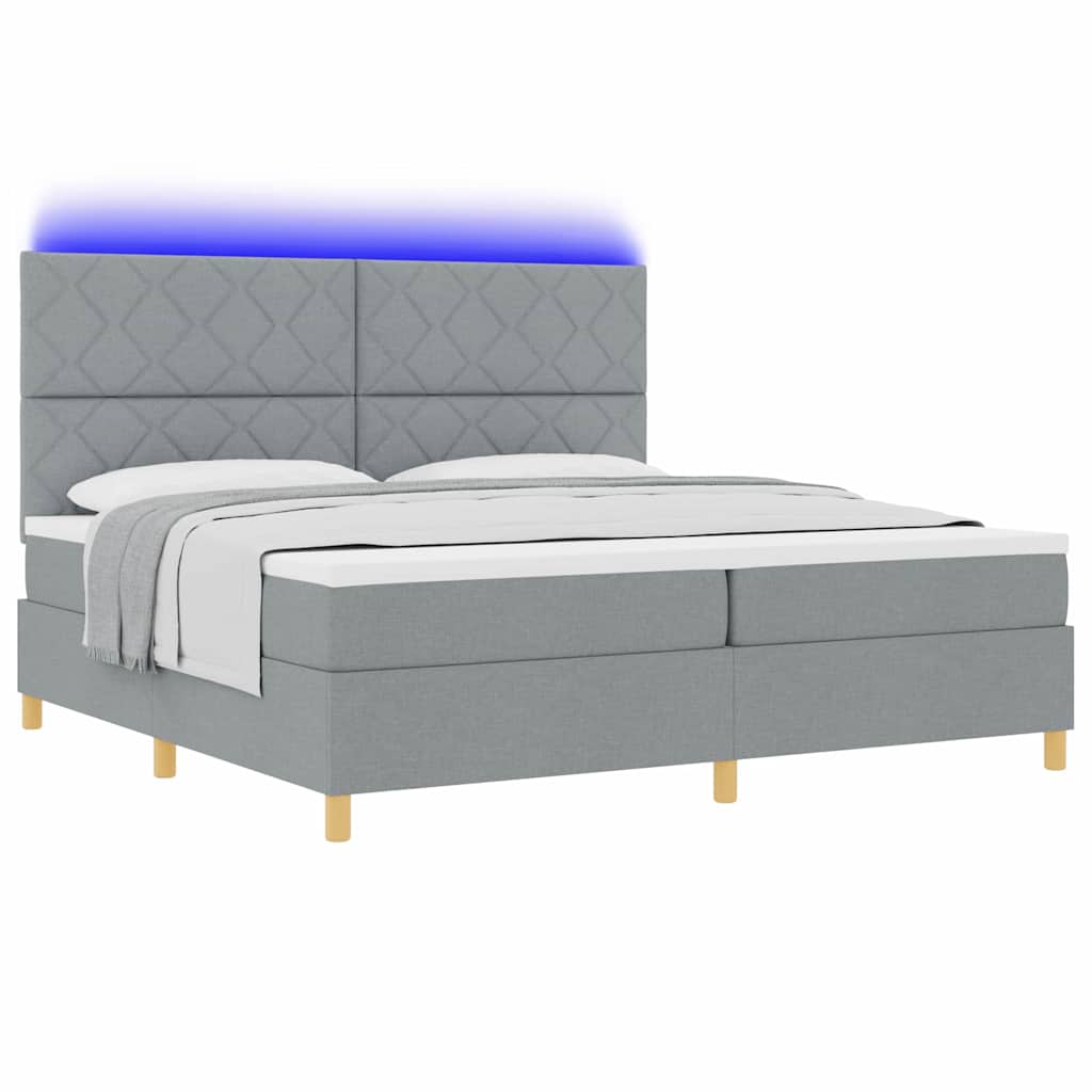 LED Box Spring Bed with Mattress Light Grey 200 x 200 cm Fabric