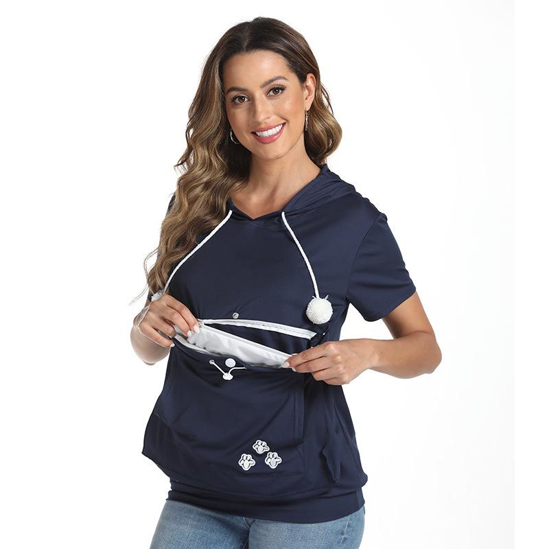 Women's fashionable loose large pocket pocket summer short-sleeved hooded T-shirt