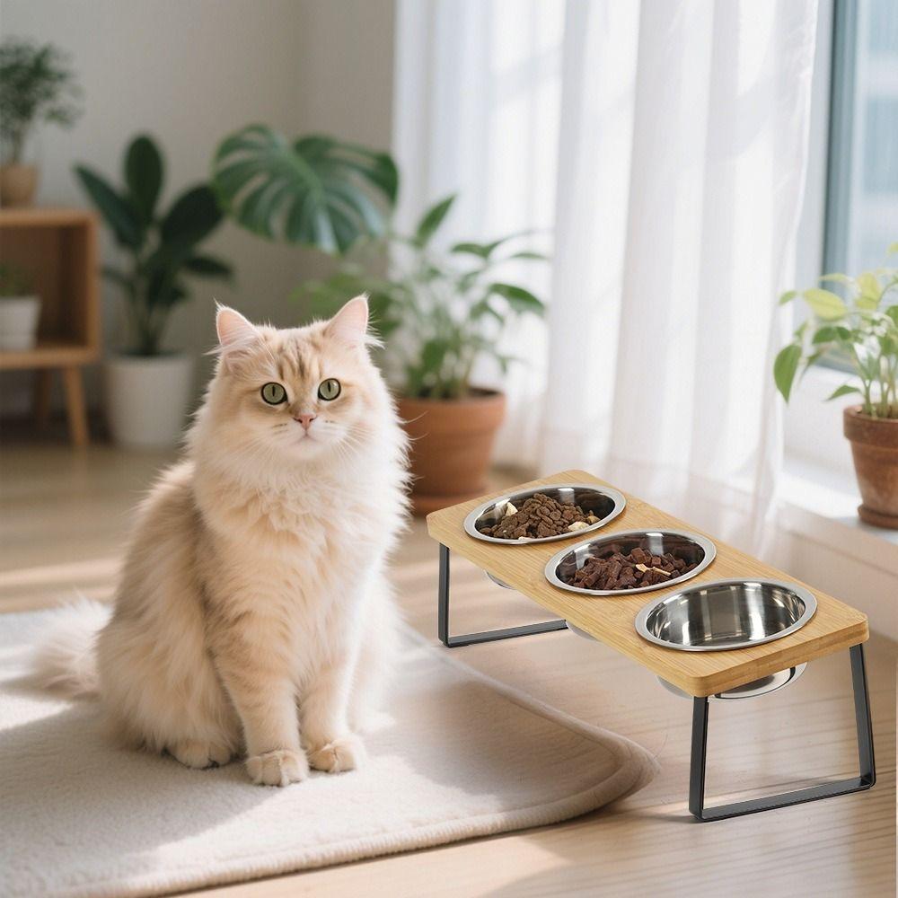 Non Slip Wood Cat Bowl Stand Anti-Vomiting Anti-Leak Elevated Pet Bowls with 3 Bowls Raised Cat Food Feeder Dry/Wet Food