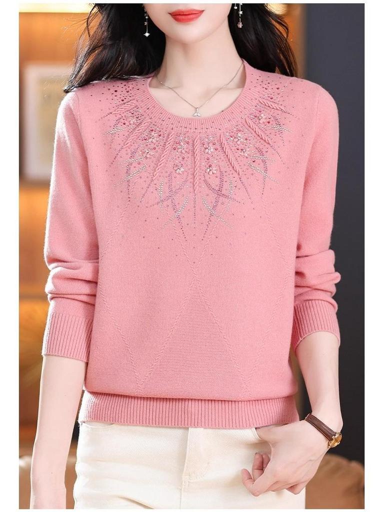Premium Plus-Size Women's Pure Wool Sweater: Autumn/Winter Low Round Neck for Middle-Aged & Elderly