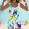 Women Plus Size Square Neck Wide Strap Printed One Piece Boyshort Swimsuit