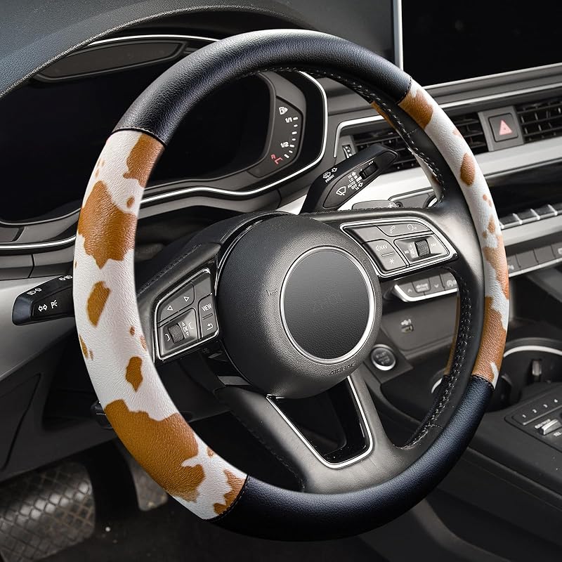 Cow Print Steering Wheel Cover, Universal 14.5-15 Inch Breathable Microfiber Leather Anti-Slip Car Steering Wheel Protector For Women Men,