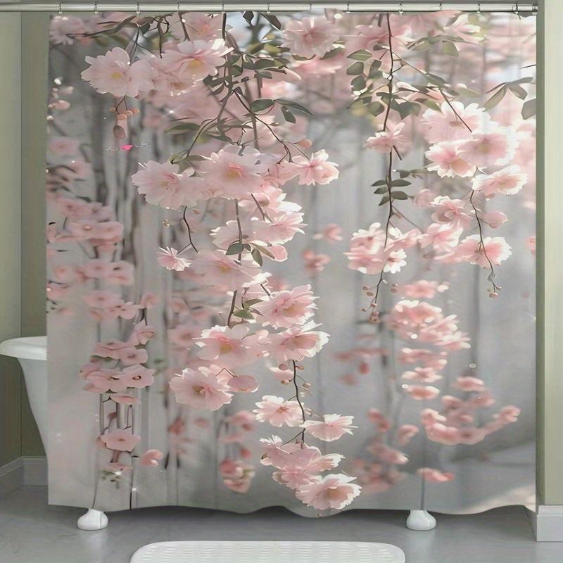 Pink Cherry Blossom Shower Curtain Hanging Flowers Spring Art Elegant Bathroom Decor Waterproof Printed Bath Curtain Home