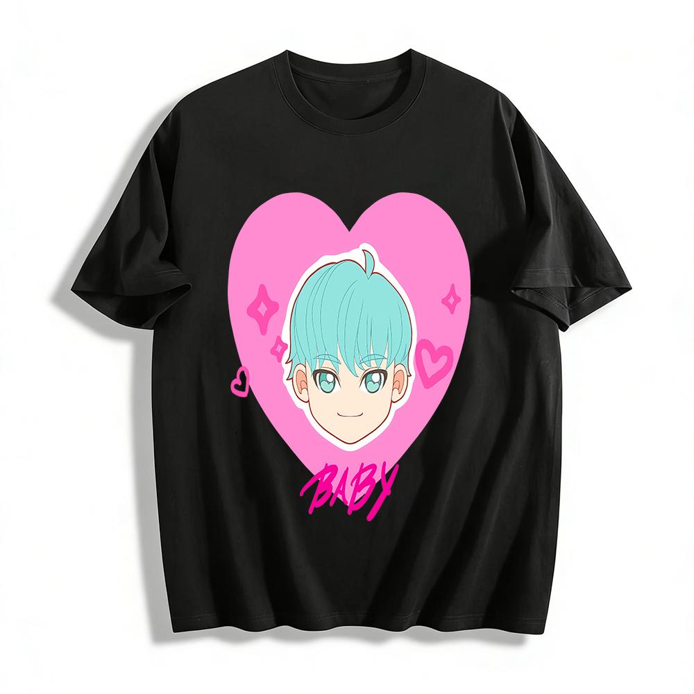 

Cute Love Heart Blue-haired Boy Printed T-shirt Unisex Casual Loose Crew Neck Short Sleeve Top Pure cotton T-shirt XXS