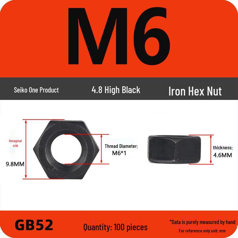 Black Galvanized Nickel-Plated Iron Hex Nut Screw Cap, GB Grades 4.8/8.8/12.9, Sizes M4/M5/M6/M8