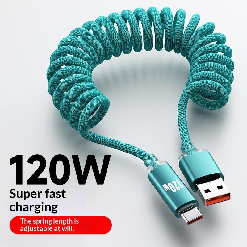 120W Car Type C To Usb C Fast Charging For Phone Usb A To Type C Spring Telescopic Cable For Car Travel Office Use