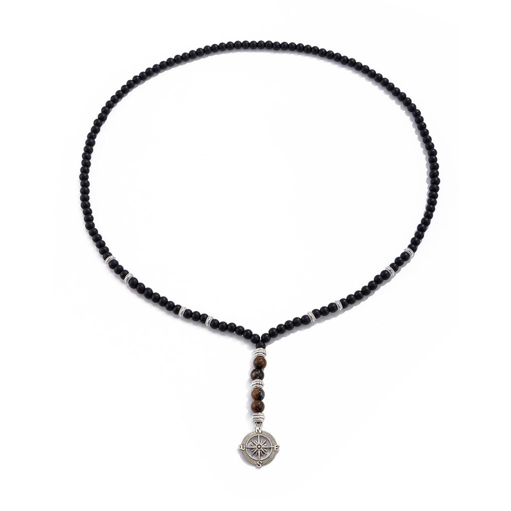 Long Beaded Tiger Stone Necklace for Men Hip Hop Niche High-end Compass Pendant Accessory