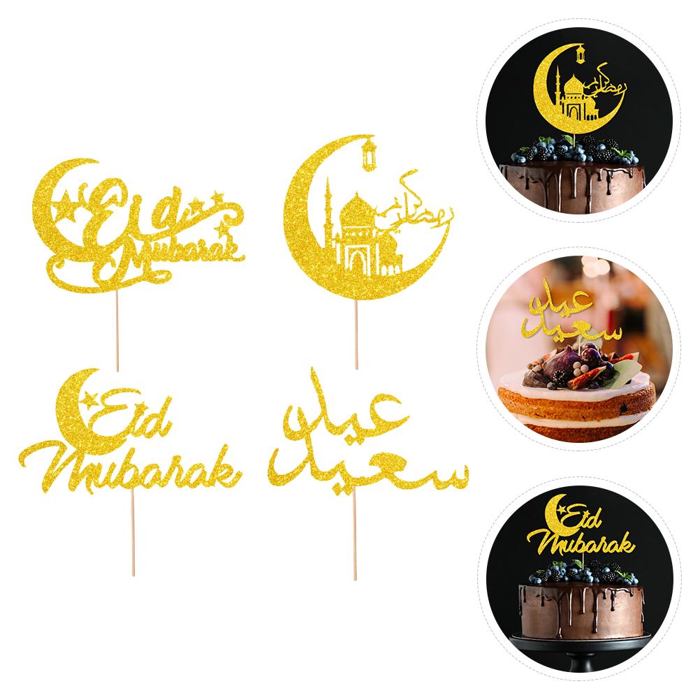 4 Pcs Card for Eid -Fitr Moon Cake Picks Toppers Insert Wooden Stick Decor Party Flags Dessert