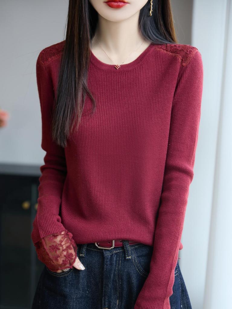 Retro Lazy-Style Knit Sweater with Hollow Lace Design for Women - Versatile Autumn/Winter Fashion