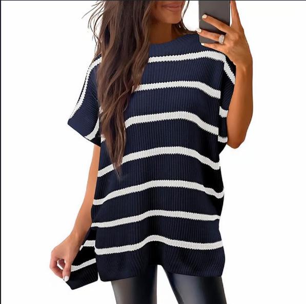 2024 Women's Summer Solid Color Knit Crew Neck Pullover T-Shirt - European & American Casual Loose Fit, Drop Shoulder, Short Sleeve Top