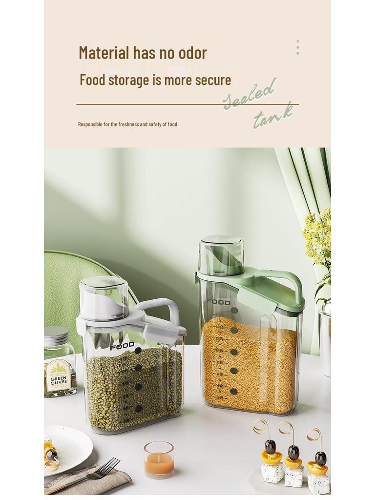 Multi-Grain Storage Canister with Measuring Cup - Sealed Plastic Container for Rice, Flour, and Grains