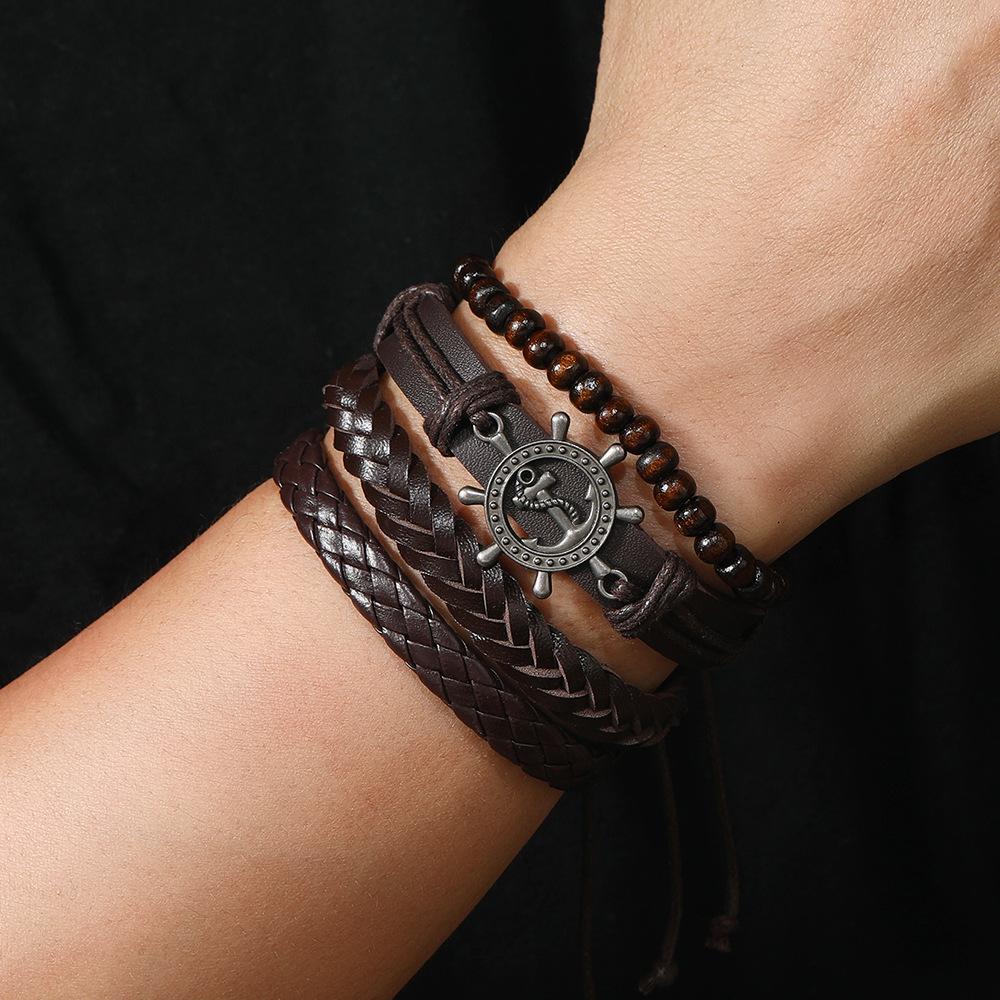 Amazon European and American cross-border retro metal rudder leather bracelet versatile woven 4-piece combination beaded hand jewelry
