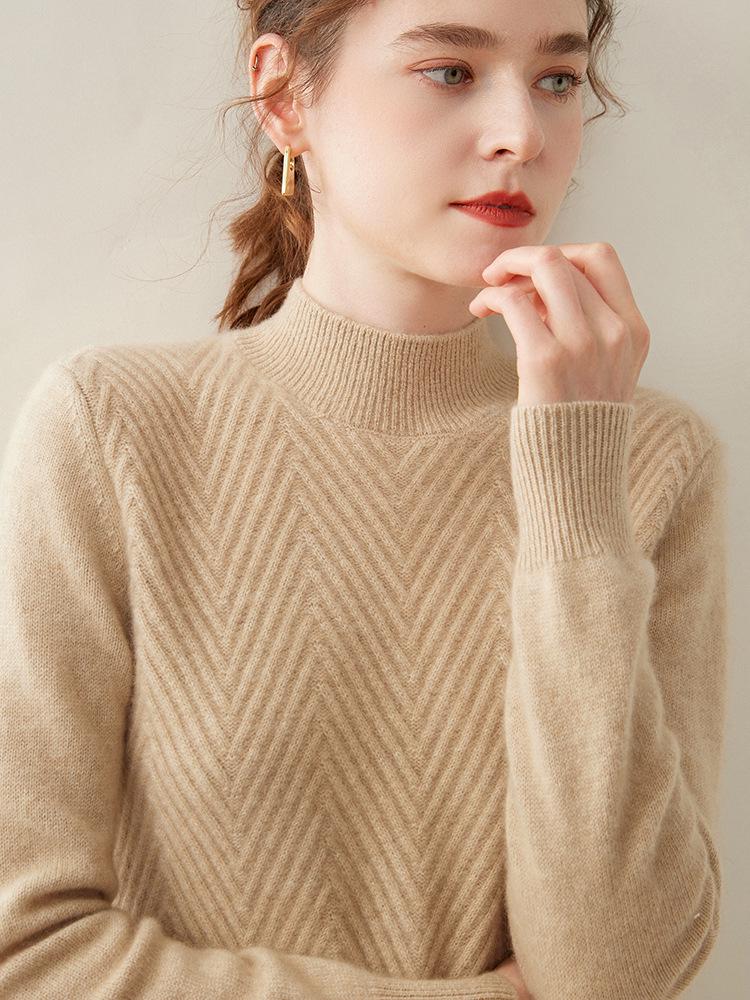Women's Twist Pattern Cashmere Sweater - Half-High Collar, Knitted Pullover for Autumn/Winter, Loose Fit, Solid Color, Versatile Base Layer.