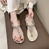 2024 new summer sandals female Korean version fairy style flat bottom toe elastic band bohemian rhinestone sandals