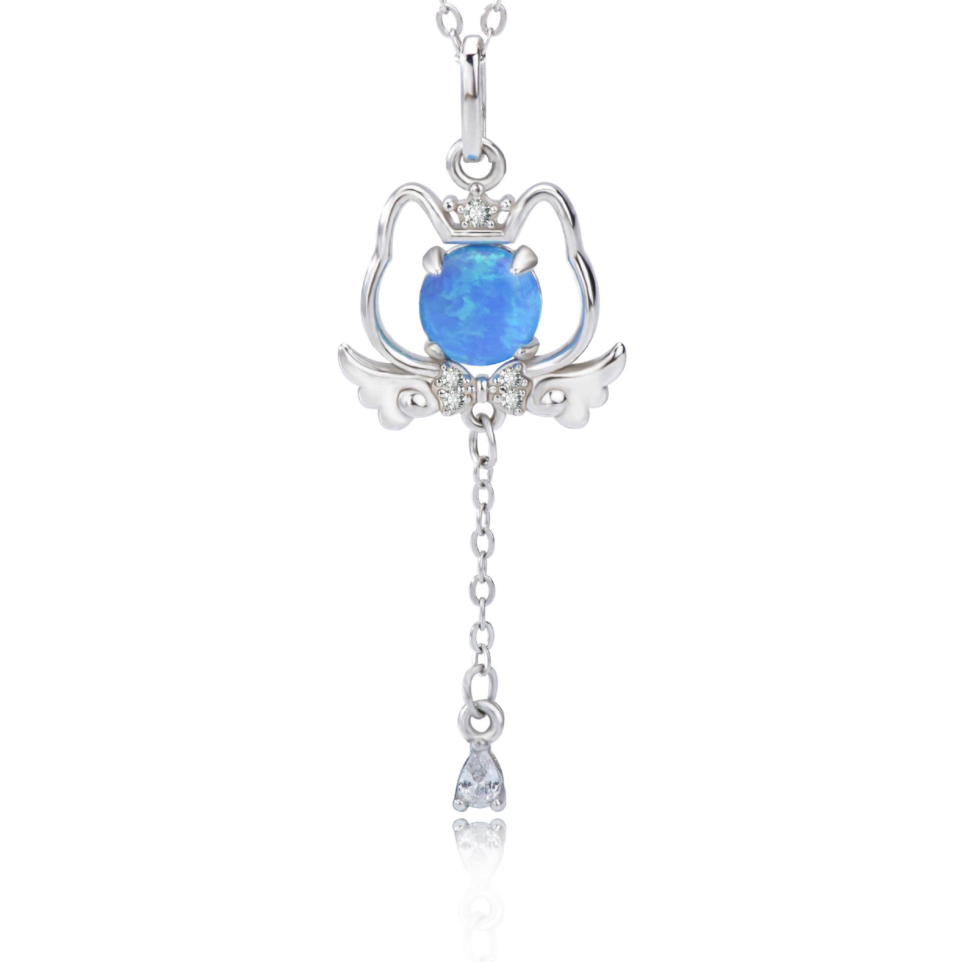 

Opal Angel Cat Necklace - S925 Sterling Silver Women s Cartoon Clavicle Chain 925 Silver