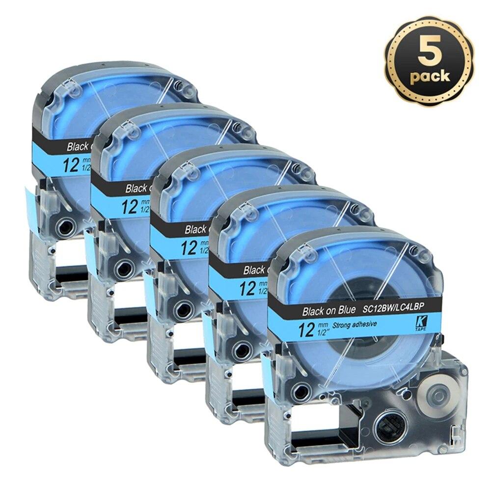 5 pachete 12 mm negru pe alb etichetă compatibilă Epson LC-4WBN / SS12KW SC12RW SC12YW ST12KW pentru imprimanta Epson LW300 LW400 500 600