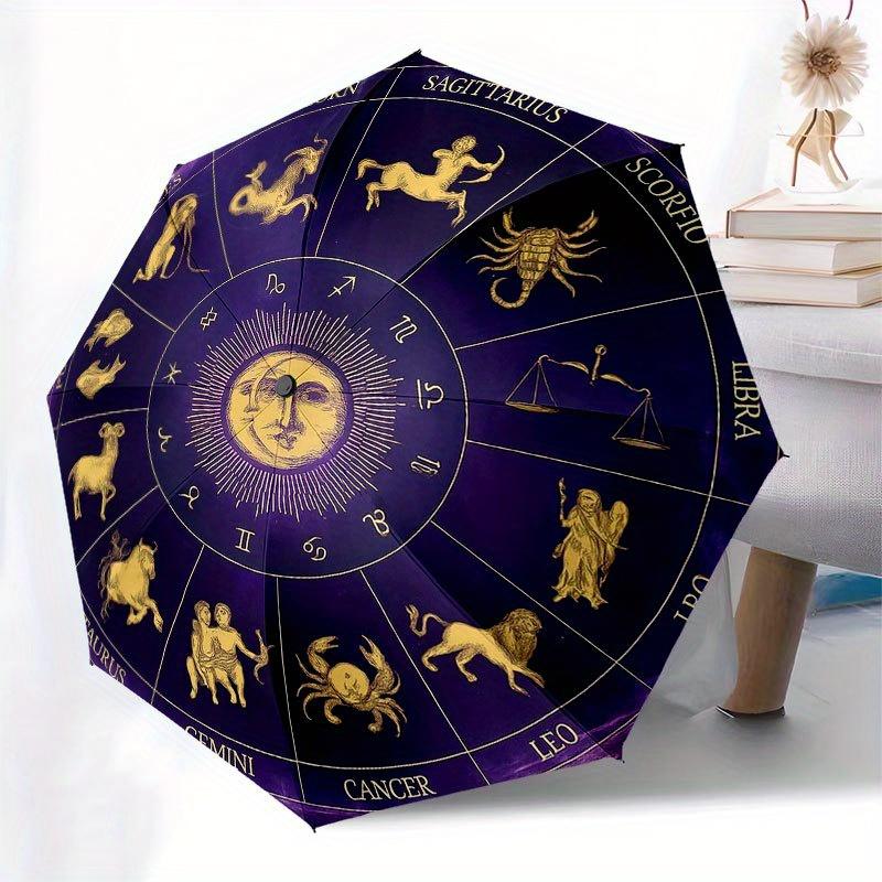 Zodiac Horoscope Astrology Wheel Decor Umbrella, Portable 3-Fold Compact Umbrella for Men & Women R127